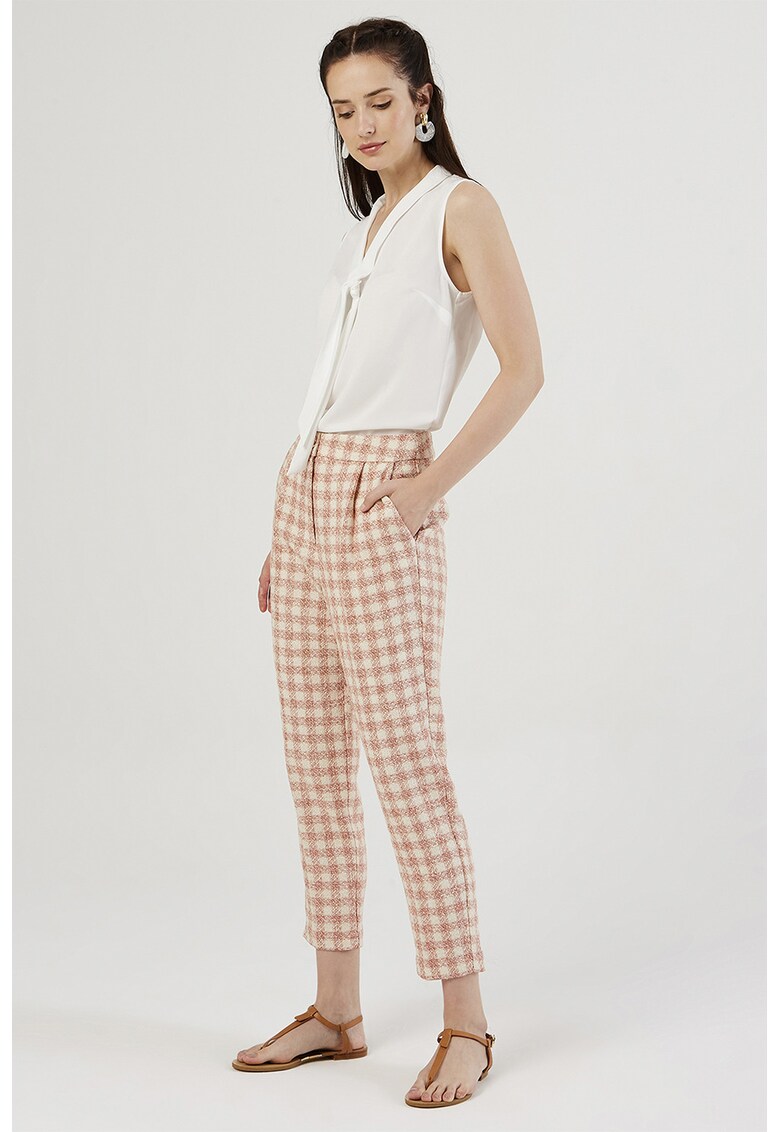 Pantaloni conici cu model in carouri - Portocaliu pal/Alb murdar
