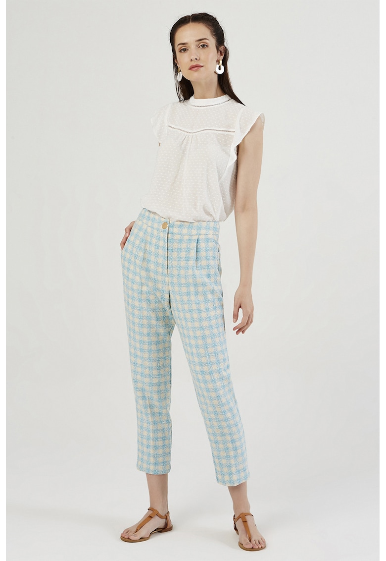 Pantaloni conici cu model in carouri - Turcoaz/Alb murdar