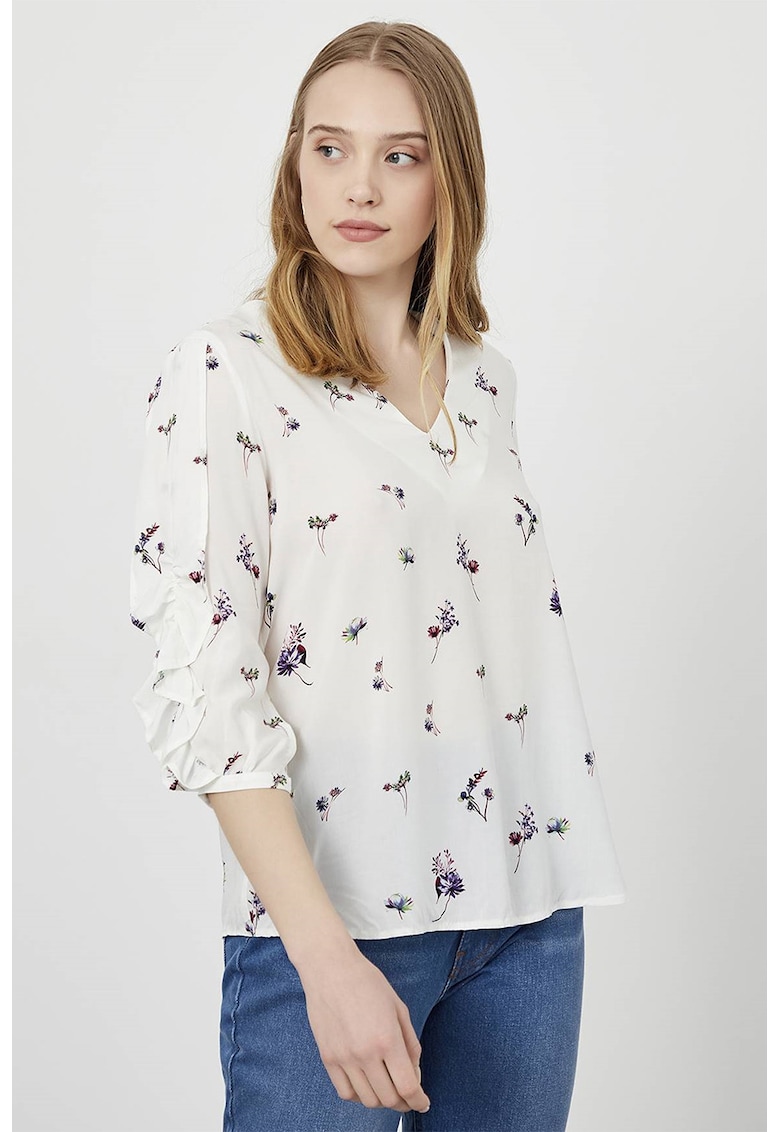 Bluza cu maneci medi si model floral - Alb/Verde/Violet