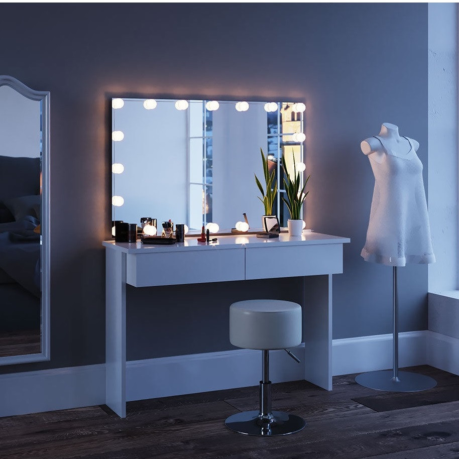 Masuta machiaj cu Oglinda LED si 2 Sertare pentru Cosmetice, Set Masa toaleta 120 cm, Alb, masuta cosmetica, vanity - SEA252